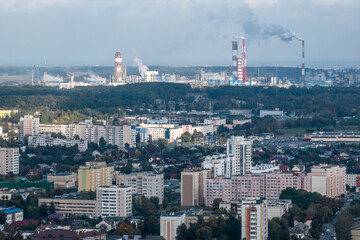 aerial panoramic view on pipes of chemical enterprise plant. Air pollution concept. Industrial landscape environmental pollution waste of thermal power plant