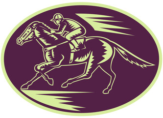 Horse and jockey racing side view