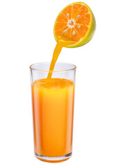 Fresh Orange juice pours into the orange juice glass isolated on white background PNG file.