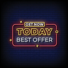 Neon Sign today best offer with Brick Wall Background vector