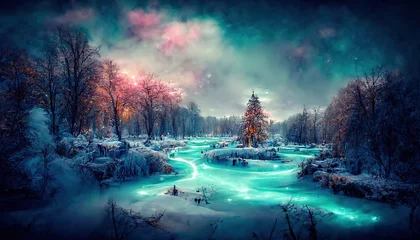 Gordijnen Een fantastisch nachtlandschap met een mysterieus bos. Fairy Boom In Mystic Bos. 3d kunstwerk © Zaleman