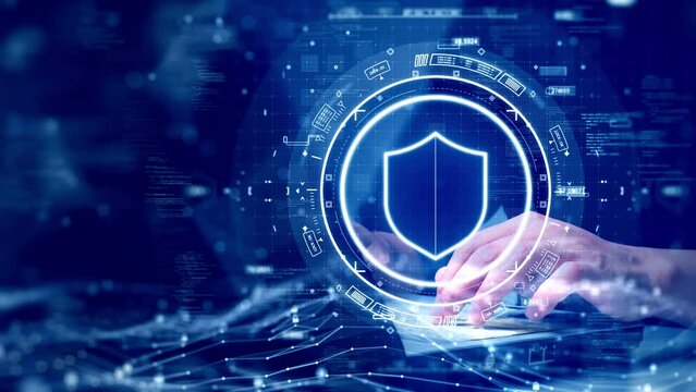 digital technology concept cyber security data protection internet network connection. Man accessing a computer device with a protective shield against cyber threats. polygon on dark blue background.