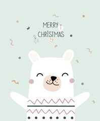 Merry Christmas greeting card with funny polar bear and confetti. Vector hand drawn illustration.