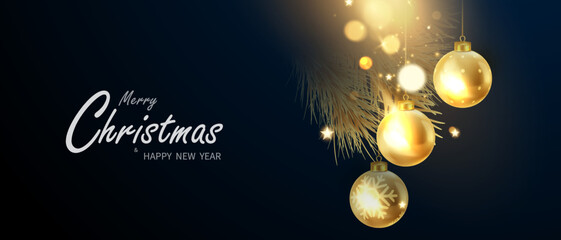 Fototapeta na wymiar Merry Christmas Template Design With Golden Christmas Balls 3D Design beautifully arranged