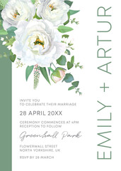 Wedding invite, save the date template with floral watercolor illustration. Delicate white eustoma, tiny, pink veronica flowers, jasmine branches, green seeded eucalyptus leaves bunch. Editable vector