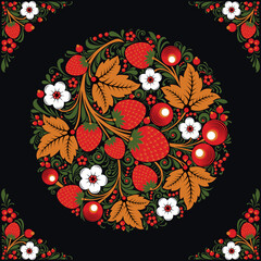 Ornament in a circle and corners with summer motifs, flowers and berries in the style of Russian Khokhloma painting. Vector illustration