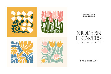 Floral abstract elements. Botanical composition. Modern trendy Matisse minimal style. Floral poster, invite. Vector arrangements for greeting card or invitation design