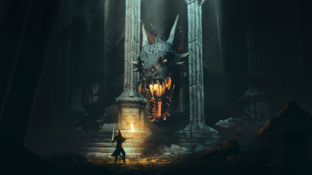 Fearless brave knight holding a flame and sword in front of a giant evil dragon in a ruined castle in the shadow - concept art - 3D rendering