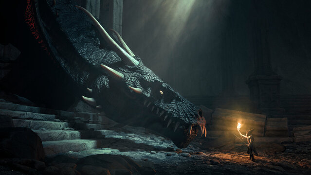 Dragon in an old castle ruined in the shadow hunted by a brave fearless knight holding a flame and sword - concept art - 3D rendering