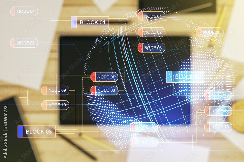 Poster Double exposure of abstract programming language hologram with world map and digital tablet on background, top view, research and development concept