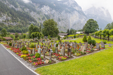LAUTERBRUNNEN, SWITZERLAND, JUNE 22, 2022 - The Graveyard (Friedhof) of Lauterbrunnen, Switzerland