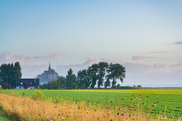 The famous "Mont Saint Michel", Normandy, France. Yellow and greed field in the foreground. Blue morning sky on the background. With copy-space.