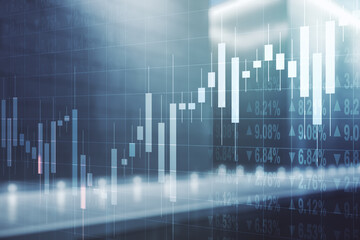 Multi exposure of virtual abstract financial diagram on contemporary business center exterior background, banking and accounting concept