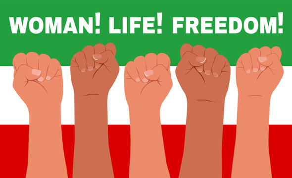 Banner with female hands clenched into a fist and the slogan - Woman, life, freedom. Female protesters' hands raise their fists. Women's rights. Vector flat modern illustration.
