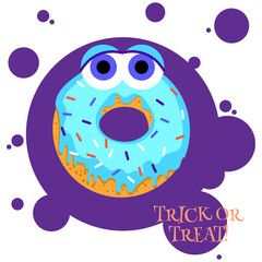 Flat vector illustration of cute halloween doughnut. Monster donut with big eyes isolated on background. Happy halloween greeting card.