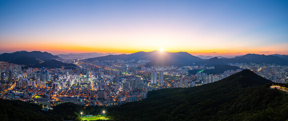 Busan City Panorama and Downtown skyline in Busan. and the sunset sky,South Korea travel.