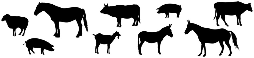 Farm animals silhouettes. Collection of domestic cattle. Illustration set isolated on white. 