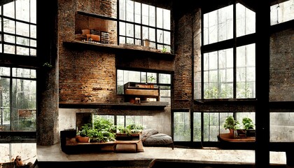 New york loft style apartment with brick and wooden 