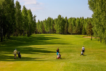 Obraz premium Golf game. The field and the golfers. Prestige and success. Game for millionaires. Atmosphere of success