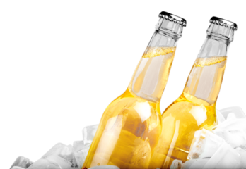 Bottles of cold and fresh beer with ice isolated on white