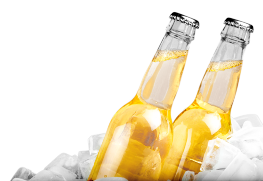 Bottles of cold and fresh beer with ice isolated on white