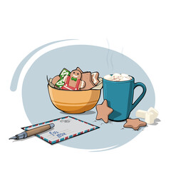 writing a christmas letter wish list. hot chocolate with marshmallows with freshly baked cookies. isolated on white background