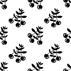 Seamless berry pattern. Black cherry silhouettes on a white background. Endless pattern for fabric, paper, and packaging.