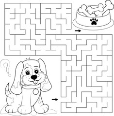 Labyrinth or labyrinth game. Puzzle for children. Cartoon dog and a bowl of food. Vector illustration