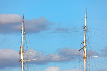 Obraz premium Sailing ship mast with ropes . Travel concept , adventure and sea