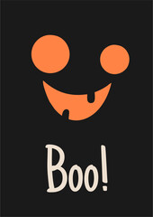 Burning pumpkin, halloween style illustration. Shining face on a black background and an inscription. Party poster template, postcard.