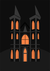 Gloomy castle with luminous windows, night. Gothic architectural style, Halloween illustration. Modern print, isolated object. Middle Ages in Western Europe.