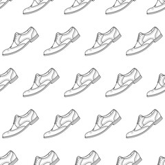 Trendy pattern with fashion classic brogue shoes on a white background. The concept of minimalism, beauty and fashion. Vector outline doodle illustration.