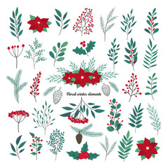 Christmas hand drawn set of poinsettia, leaves, branches, berries, holly, pine cone, guelder rose. Winter floral cozy collection. Vector sketch elements. Happy New Year illustration isolated on white