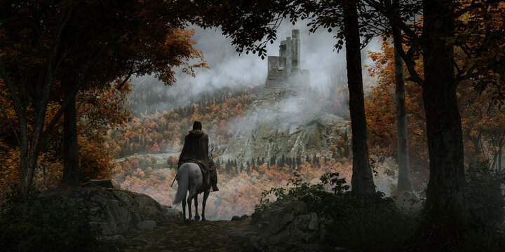 knight riding a horse on a path through autumn trees and an old castle on a top of a rocky cliff near a misty wood in a rainy day foreground out of focus - concept art - 3D rendering