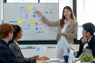 Group of young Asian business creative development planning strategy meeting and presentation at company sales strategy marketing conference.