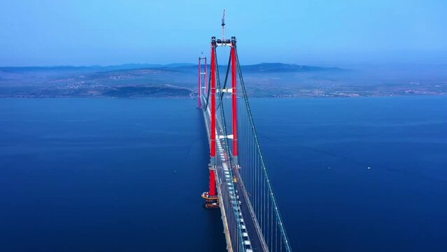 1915 Canakkale Bridge Aerial View In Canakkale, Turkey. World's Longest. time lapse. 4K