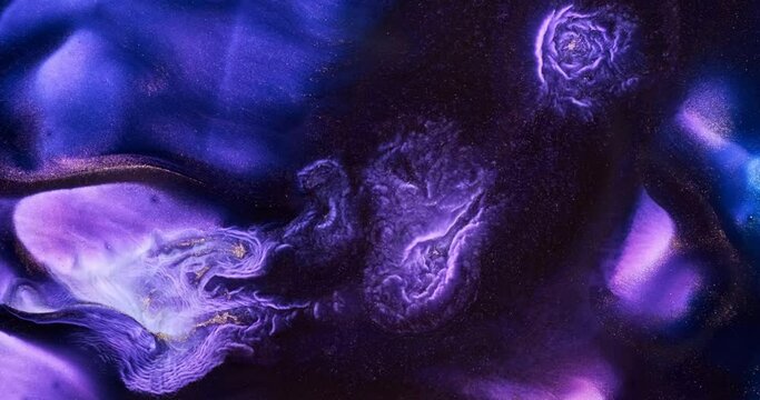 Dark lilac paint flow abstract background, closeup. Dark violet blue current movement. Shiny black purple ink in fluid art flowing. Acrylic texture in motion. Liquid pattern. Sparkling moving backdrop