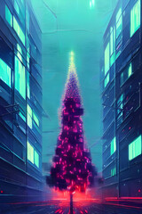 christmas tree with neon light in a cyberpunk city at night - retrowave - neon noir - illustration - painting