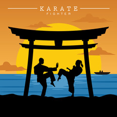 Vector illustration of man and woman practice of the karate fight on the sunset beach background © AkuDanSaya