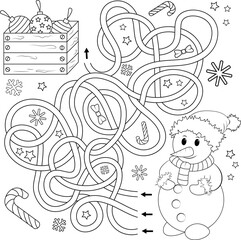 Labyrinth or labyrinth game. Puzzle for children. Cartoon snowman and box with Christmas toys. Coloring book for children. Vector illustration