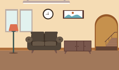 Living room interiors. Sofa, table and mountains painting. Vector flat illustration