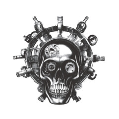Steampunk skull. Doodle sketch. Vector illustration. Isolated on white background.