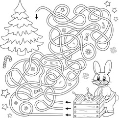 Labyrinth or labyrinth game. Tangled road. Puzzle. Cartoon hare and christmas tree. Vector illustration