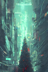 christmas tree with neon light ans a star in a cyberpunk city at night - retrowave - neon noir - illustration - painting