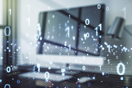 Creative concept of binary code illustration on modern laptop background. Big data and coding concept. Multiexposure