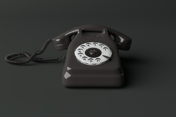 Side view of a black retro telephone with a dial of numbers. Concept of using retro items, back to...
