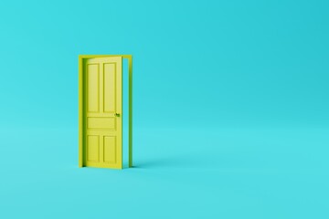 The closed yellow door on a yellow background. The concept of making decisions, entering new places, crossing borders. 3d render, 3d illustration