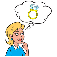 Girl thinking about a Wedding Ring - A cartoon illustration of a Girl thinking about buying a Wedding Ring.