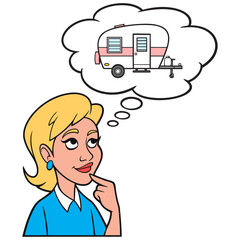 Girl thinking about a Camper - A cartoon illustration of a Girl thinking about going on a camping vacation in a Camper.