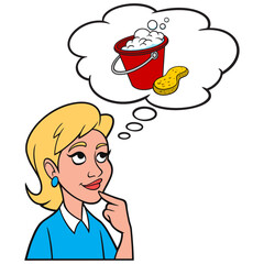 Girl thinking about a Bucket of Soap and Water - A cartoon illustration of a Girl thinking about a bucket of Soap and Water for a Car Wash.